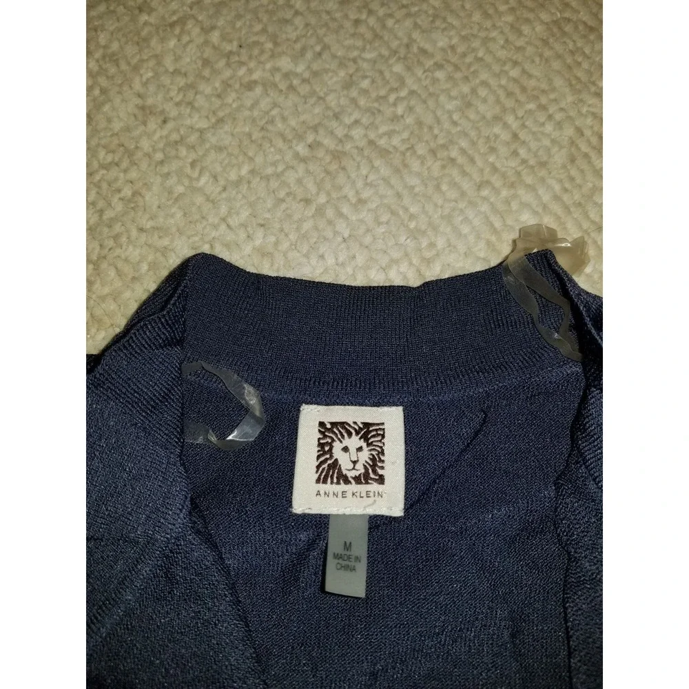 Womens Sweater-ANNE KLEIN- blue stretch knit open front cardigan ls Capsule-M
